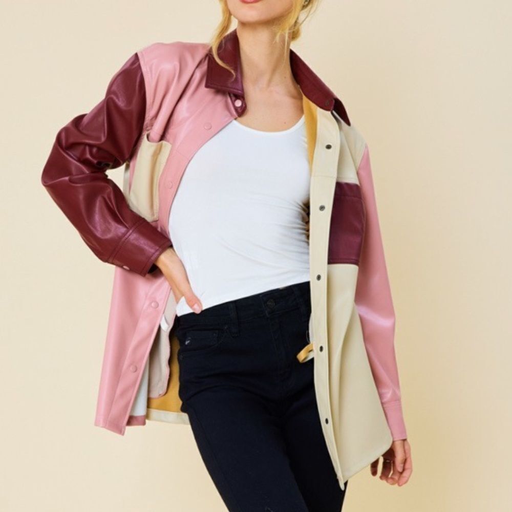 Color Block Faux Leather Shacket - Picture 3 of 5